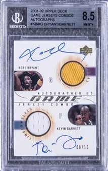 2001-02 UD "Game Jerseys Combos Autographs" #KB/KG Kobe Bryant/Kevin Garnett Dual-Signed Game Used Patch Card (#08/10) – BGS NM-MT+ 8.5